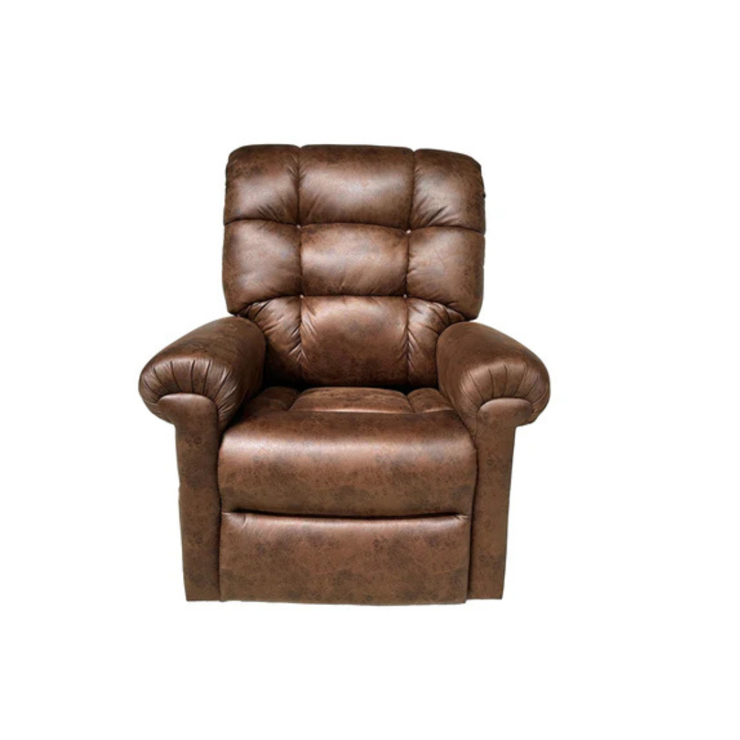 The Journey Perfect Sleep Reclining Lift Chair with Heat, made of brown leather, offers ultimate comfort with plush padding and tufted backrest. Featuring cushioned armrests, it is perfect for relaxation. Displayed against a white background.
